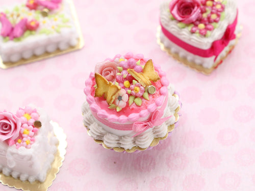 Pink Cake with Rose, Two Butter Cookie Butterflies - Handmade Miniature Food