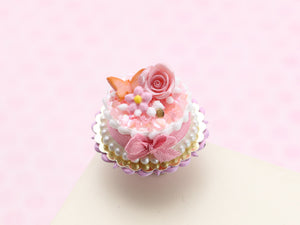Pink Cake with Rose, Pink Butter Cookie Butterfly, Pink Bow - Handmade Miniature Food