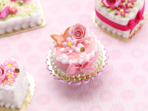 Pink Cake with Rose, Pink Butter Cookie Butterfly, Pink Bow - Handmade Miniature Food