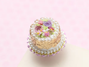 Gold Lace Cake with Roses, Butterfly, Pink Bow - Handmade Miniature Food