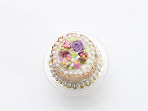 Gold Lace Cake with Roses, Butterfly, Pink Bow - Handmade Miniature Food