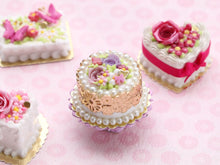 Load image into Gallery viewer, Gold Lace Cake with Roses, Butterfly, Pink Bow - Handmade Miniature Food