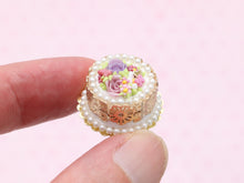 Load image into Gallery viewer, Gold Lace Cake with Roses, Butterfly, Pink Bow - Handmade Miniature Food