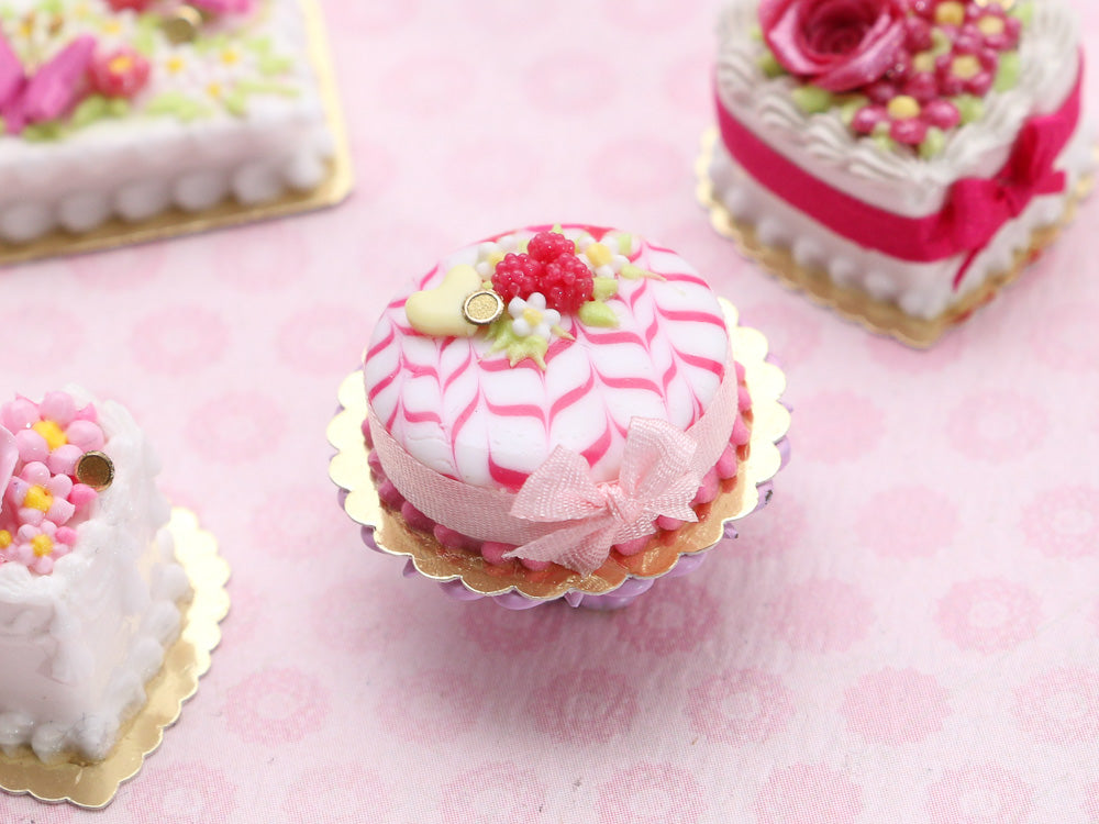 Raspberry Cake with Feathered Icing, Pink Bow - Handmade Miniature Food