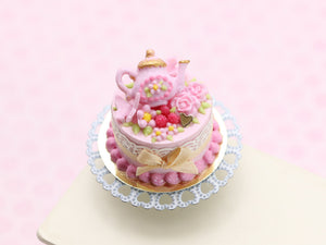 Pink Teapot Cake, Flowers, Raspberries - Handmade Miniature Food