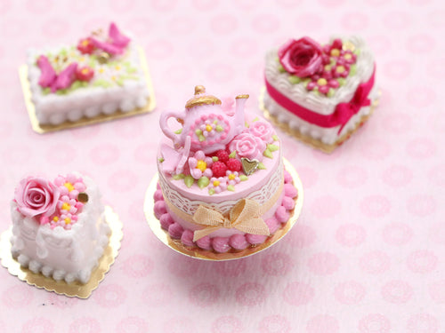 Pink Teapot Cake, Flowers, Raspberries - Handmade Miniature Food