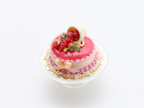 Red Fruit Cake with Fruit Spilling Out of Cup - Handmade Miniature Food