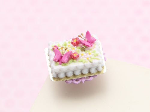 Rectangular Cake with Pink Butterflies and Blossoms - Handmade Miniature Food