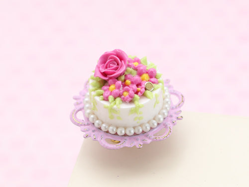 Miniature Cake with Pink Rose and Blossoms on Cake Stand - Handmade Miniature Food