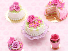 Load image into Gallery viewer, Miniature Cake with Pink Rose and Blossoms on Cake Stand - Handmade Miniature Food
