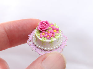Miniature Cake with Pink Rose and Blossoms on Cake Stand - Handmade Miniature Food
