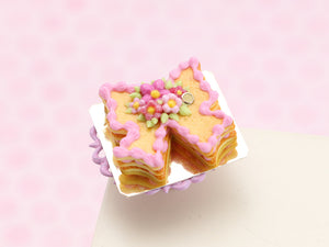 Bow-Shaped Layered Cookie (Millefeuille) with Pink Icing Decoration - Miniature Food