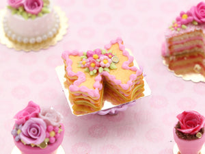 Bow-Shaped Layered Cookie (Millefeuille) with Pink Icing Decoration - Miniature Food