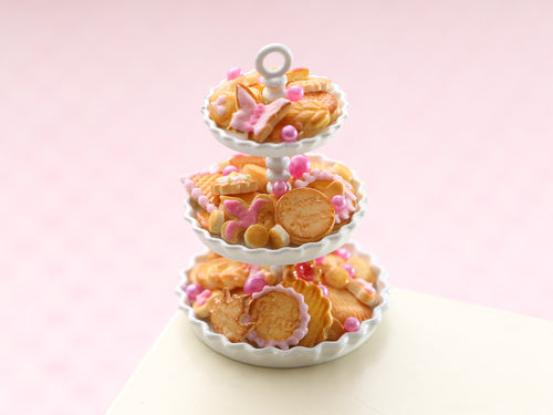 Pink Iced Butter Cookies (Paris, Bonne Maman) Presented on Three Tier Stand - OOAK Handmade Miniature