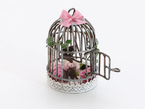 Metal Shabby Chic Butterfly Cage with Butterfly and Pink Flowers Inside - Handmade Miniature Food