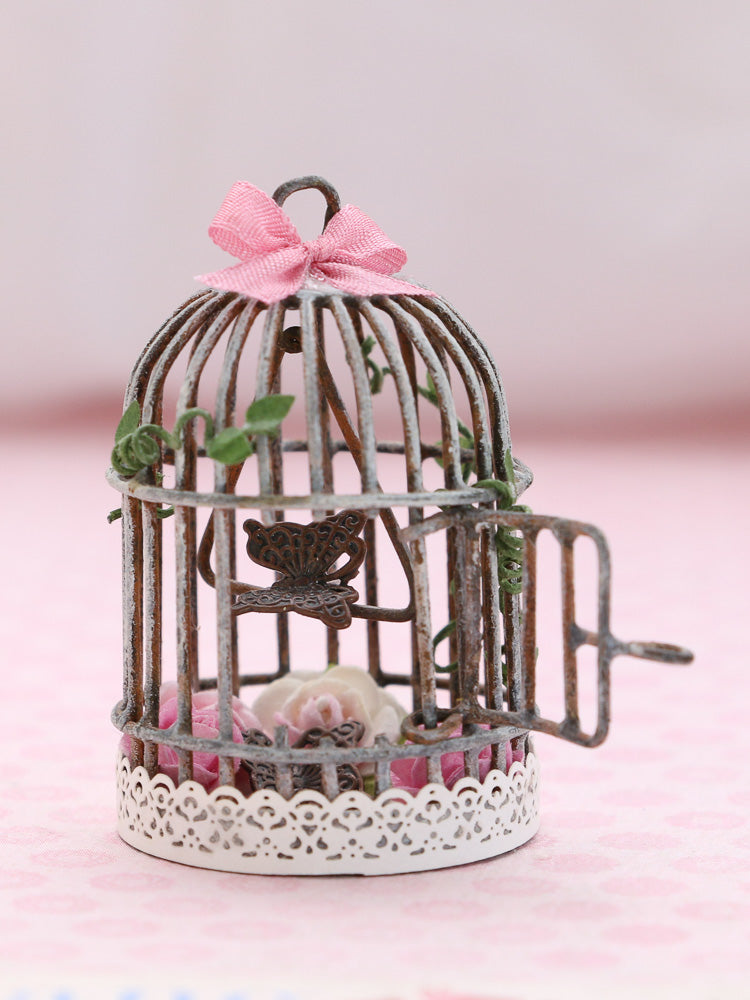 Metal Shabby Chic Butterfly Cage with Butterfly and Pink Flowers Inside - Handmade Miniature Food