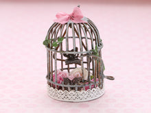Load image into Gallery viewer, Metal Shabby Chic Butterfly Cage with Butterfly and Pink Flowers Inside - Handmade Miniature Food