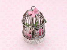 Load image into Gallery viewer, Metal Shabby Chic Butterfly Cage with Butterfly and Pink Flowers Inside - Handmade Miniature Food
