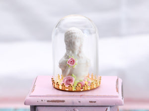 Decorative White Bust of Lady (Marquise) with Pink Roses Under Glass Dome - Handmade Dollhouse Miniature
