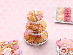 Pink Iced Butter Cookies (Paris, Bonne Maman) Presented on Three Tier Stand - OOAK Handmade Miniature
