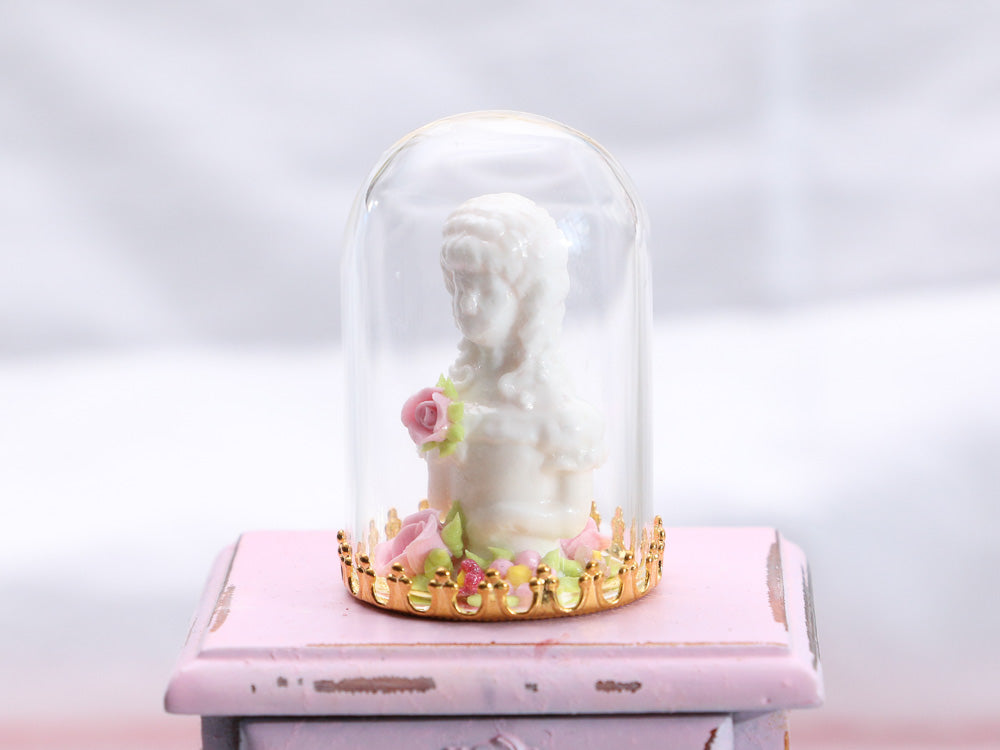 Decorative White Bust of Lady (Marquise) with Pink Roses Under Glass Dome - Handmade Dollhouse Miniature