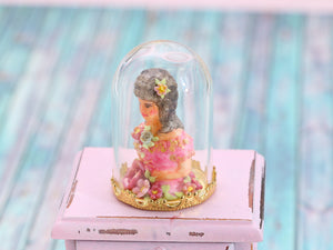 Handpainted Decorative Bust of Lady (Marquise) with Pink Flowers Under Glass Dome - Handmade Dollhouse Miniature