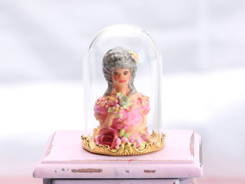Handpainted Decorative Bust of Lady (Marquise) with Pink Flowers Under Glass Dome - Handmade Dollhouse Miniature