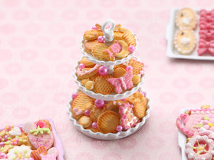 Pink Iced Butter Cookies (Paris, Bonne Maman) Presented on Three Tier Stand - OOAK Handmade Miniature