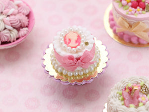Pink Cake with Cameo Decoration, Pink Bow - Handmade Miniature Food
