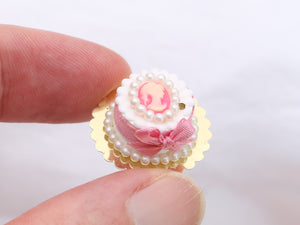 Pink Cake with Cameo Decoration, Pink Bow - Handmade Miniature Food