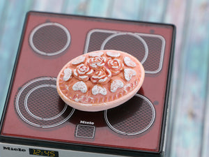 Pink Oval Pie with Flower Decoration in Ceramic Oven Dish - Handmade Miniature Food