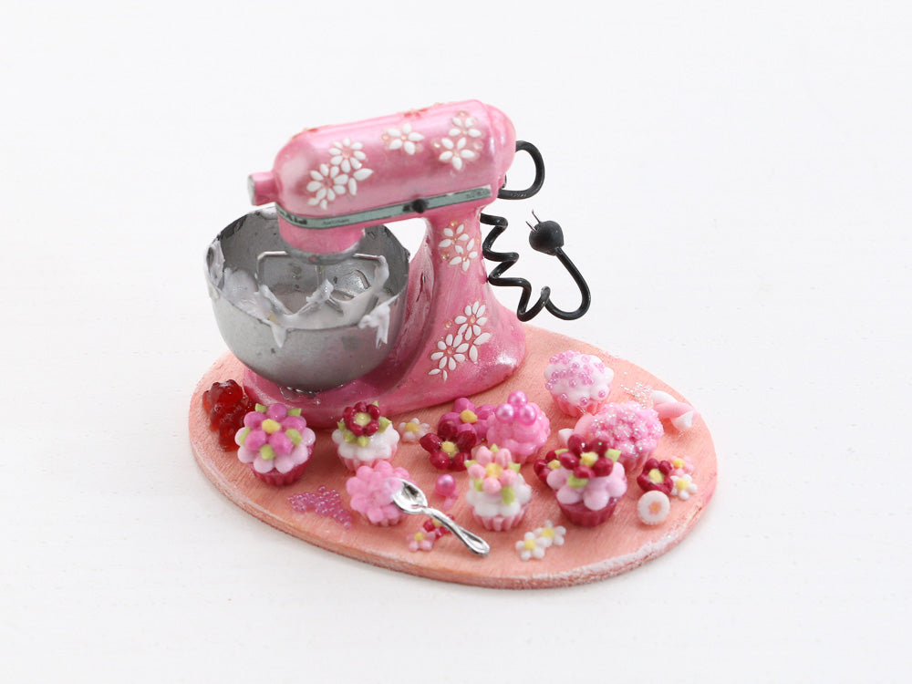 Making Pretty Pink Cupcakes, Kitchen Aid Mixer Preparation Board - Miniature Food