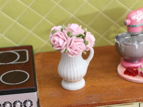 Pale Pink Rose Bouquet in Porcelain Jug - Dollhouse Miniature Decoration