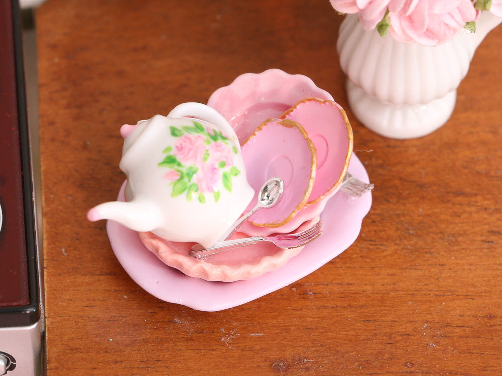 Pile of Pink Dishes / Tableware - Hand-painted Teapot, Saucers, Oven Dish - Dollhouse Miniature Decoration