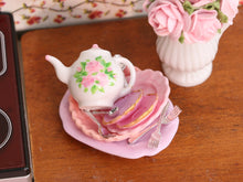 Load image into Gallery viewer, Pile of Pink Dishes / Tableware - Hand-painted Teapot, Saucers, Oven Dish - Dollhouse Miniature Decoration