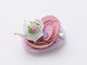 Pile of Pink Dishes / Tableware - Hand-painted Teapot, Saucers, Oven Dish - Dollhouse Miniature Decoration