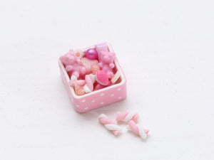 Square Box of Pink Treats, Bears, Marshmallow Twists, Calissons, Berlingots - Handmade Miniature Food