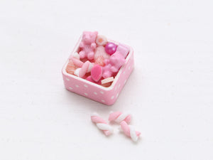Square Box of Pink Treats, Bears, Marshmallow Twists, Calissons, Berlingots - Handmade Miniature Food