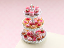 Load image into Gallery viewer, Pink French Petits Fours Presented on Three Tier Cake Stand - Handmade Miniature