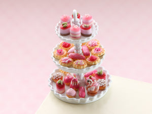 Pink French Petits Fours Presented on Three Tier Cake Stand - Handmade Miniature