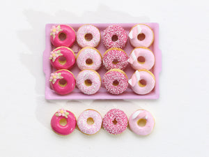 Tray of Decorated Pink Miniature Donuts on Pink Tray - Handmade Miniature Food