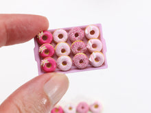 Load image into Gallery viewer, Tray of Decorated Pink Miniature Donuts on Pink Tray - Handmade Miniature Food