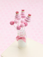 Load image into Gallery viewer, Pink Cake Pops - Three Tier Cakes, Dark and Light Pink Glitter Balls - Handmade Miniature Food