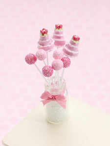 Pink Cake Pops - Three Tier Cakes, Dark and Light Pink Glitter Balls - Handmade Miniature Food