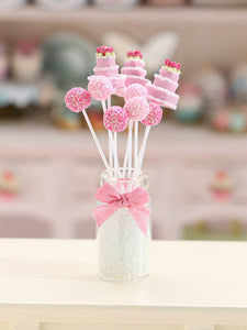 Pink Cake Pops - Three Tier Cakes, Dark and Light Pink Glitter Balls - Handmade Miniature Food