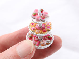 Pink French Petits Fours Presented on Three Tier Cake Stand - Handmade Miniature