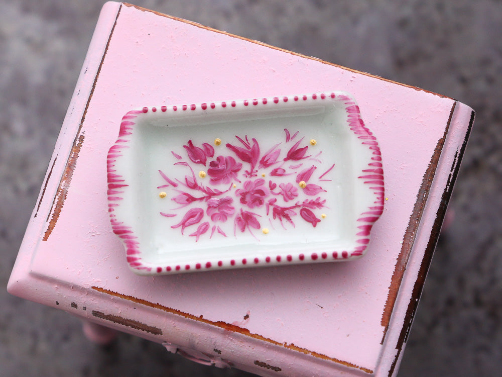 Miniature Porcelain Tray with Hand-painted Roses Decoration - Dollhouse Miniature Ornament