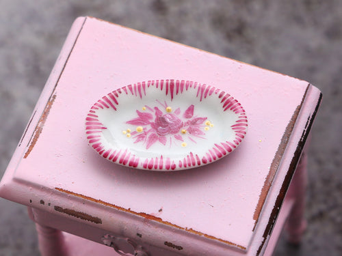 Miniature Ceramic Plate (Lines) with Hand-painted Roses Decoration - Dollhouse Miniature Ornament