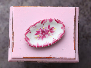 Miniature Ceramic Plate (Lines) with Hand-painted Roses Decoration - Dollhouse Miniature Ornament