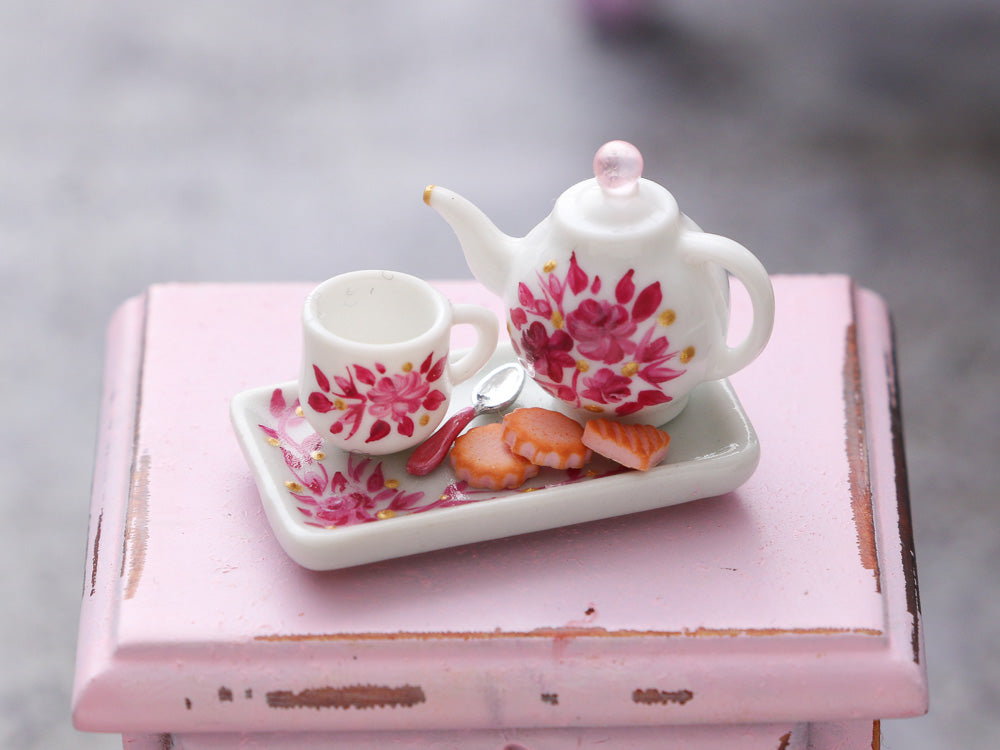 Miniature Teatime and Biscuits Set with Hand-painted Roses Decoration - Dollhouse Miniature Ornament